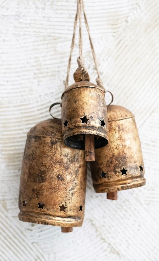Medium Distressed Metal Bell on Jute Rope w/ Star Cut Outs
