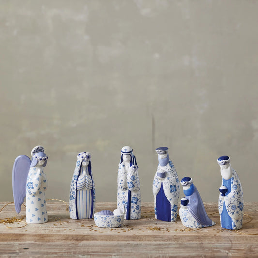 Blue/White Ceramic Nativity with Floral Pattern, Set of 7
