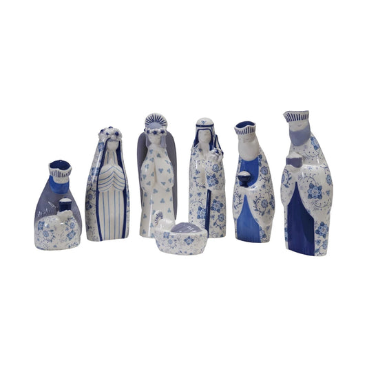 Blue/White Ceramic Nativity with Floral Pattern, Set of 7