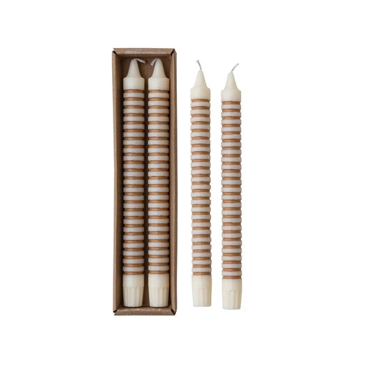 Unscented Striped Taper Candles in Box, Tan, Set of 2