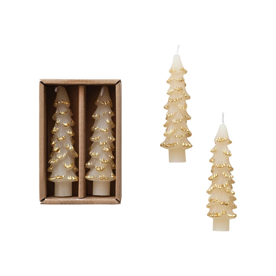 Cream w/ Gold Tree Shaped Taper Candle, Short 4.75"