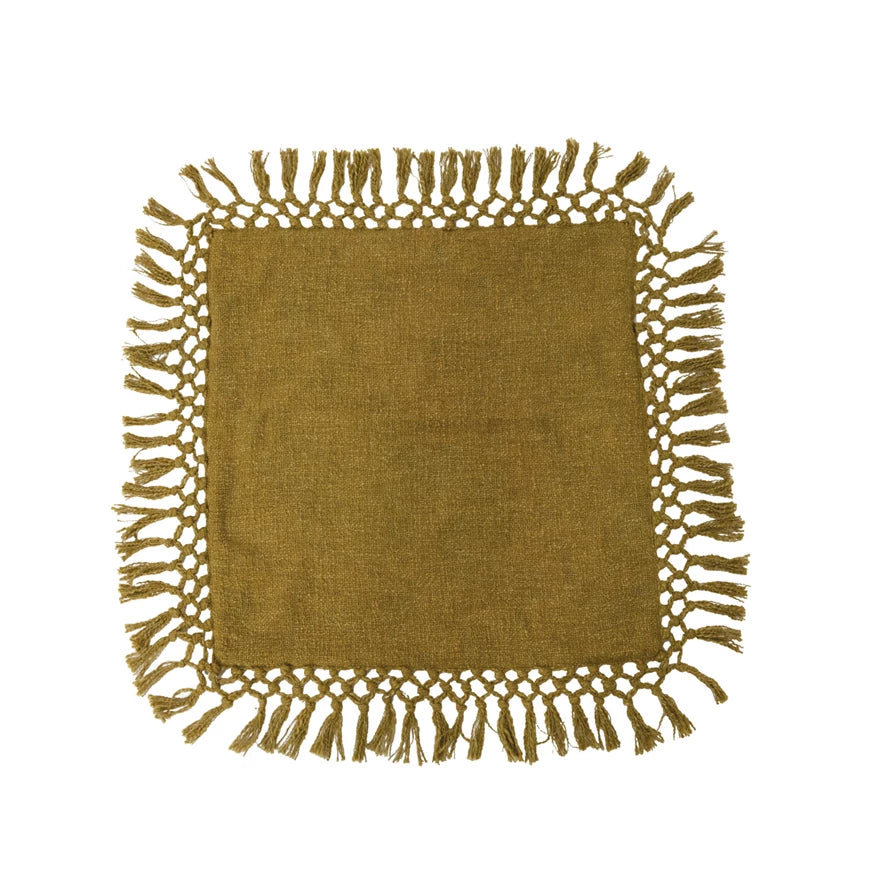20" Cotton Slub Pillow w/ Crochet & Fringe, Olive Green