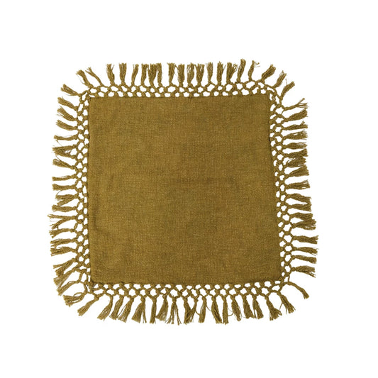 20" Cotton Slub Pillow w/ Crochet & Fringe, Olive Green