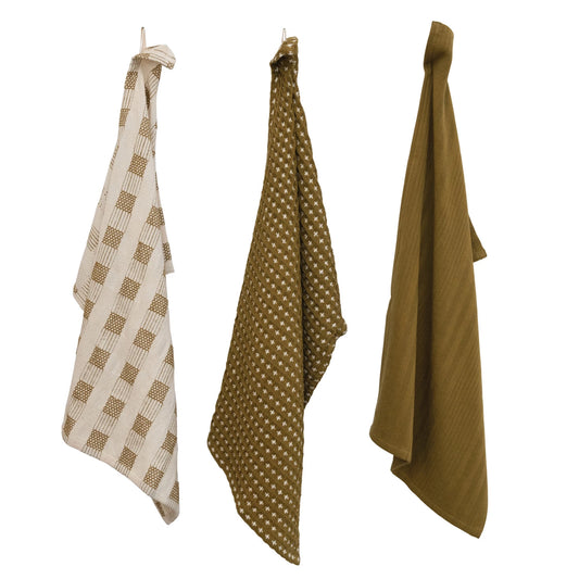 Olive Woven Cotton Dish Cloths, Set of 3