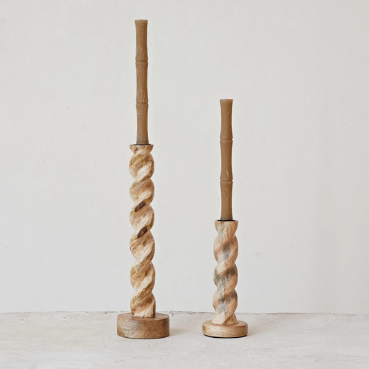 14.25" Carved Mango Wood Twisted Taper Holder