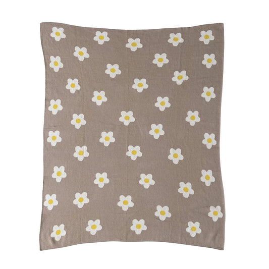 Cotton Knit Baby Blanket w/ Flowers
