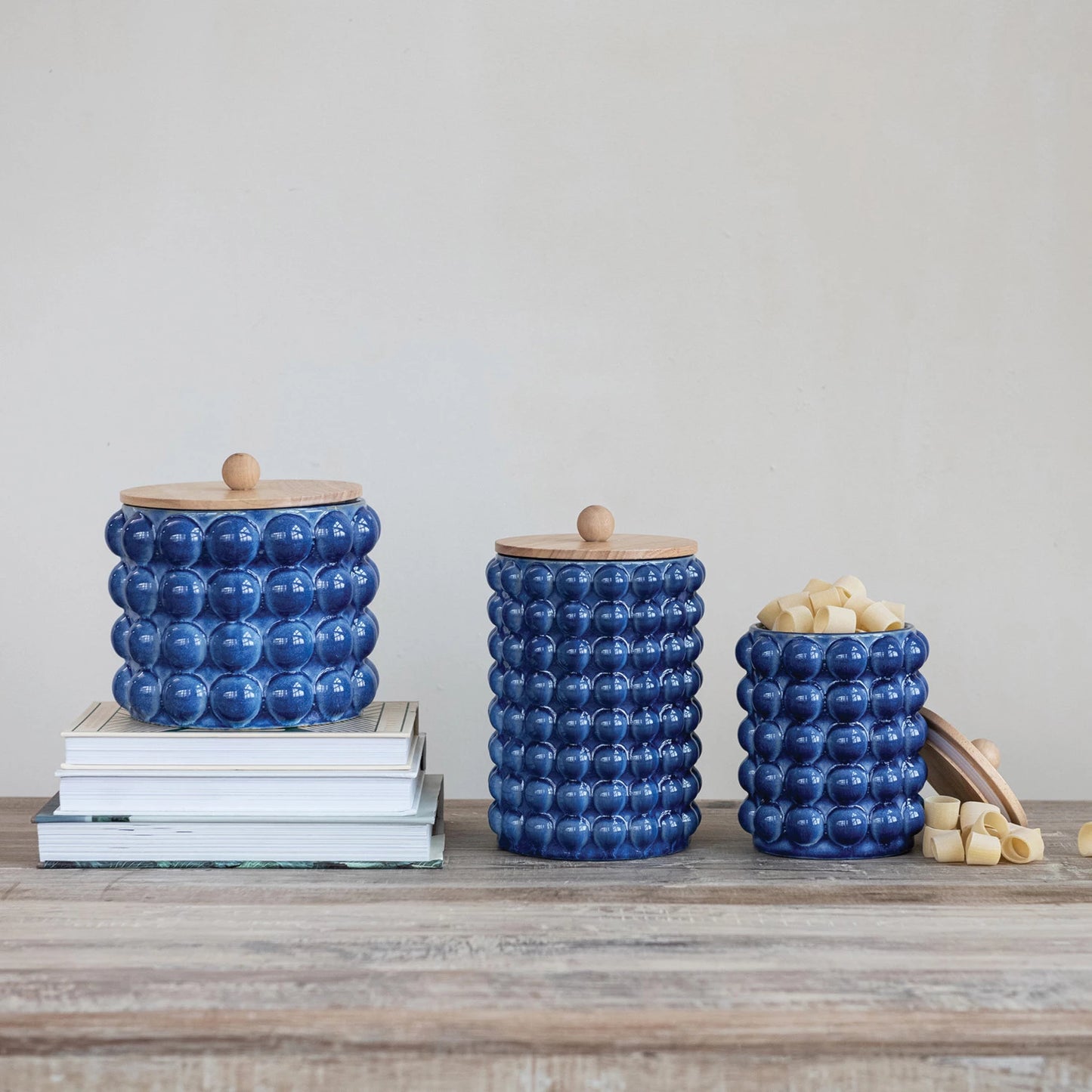 Stoneware Canister with Raised Dots & Wood Lid, Blue, SMALL/ TALL