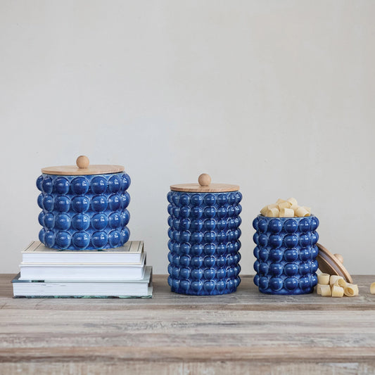 Stoneware Canister with Raised Dots & Wood Lid, Blue, LARGE/ TALL