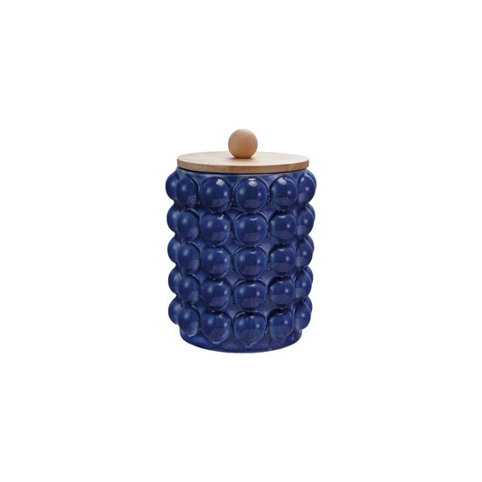 Stoneware Canister with Raised Dots & Wood Lid, Blue, SMALL/ TALL