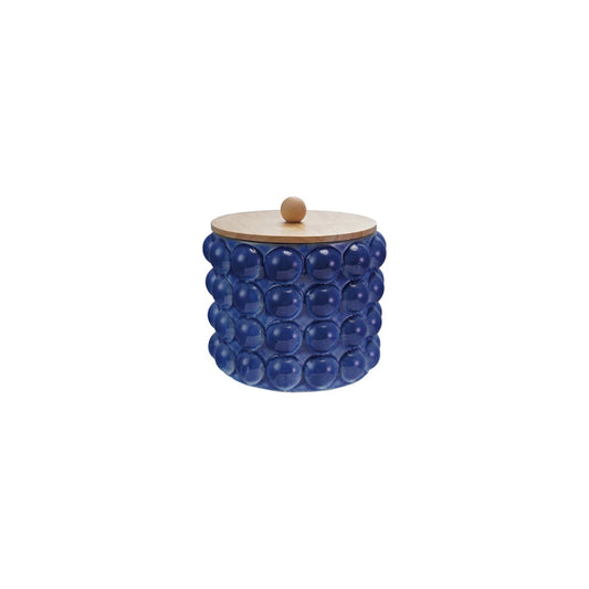 Stoneware Canister with Raised Dots & Wood Lid, Blue, LARGE/ SHORT