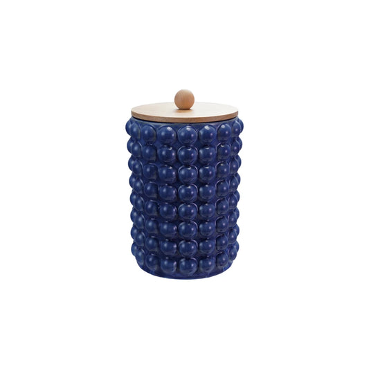 Stoneware Canister with Raised Dots & Wood Lid, Blue, LARGE/ TALL