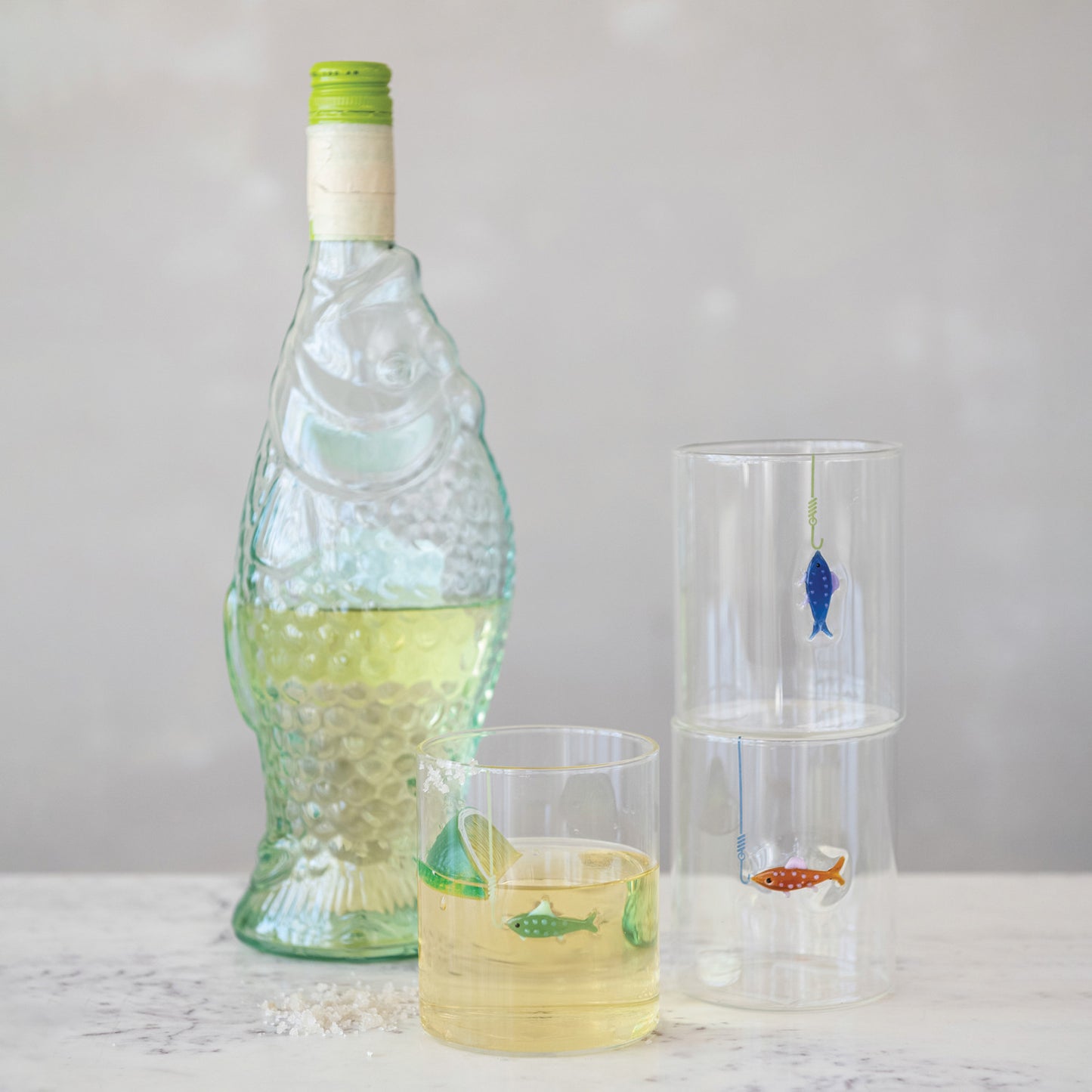 Hand Blown Drinking Glass w/ Fish Hook, 12oz