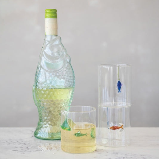 Hand Blown Drinking Glass w/ Fish Hook, 12oz