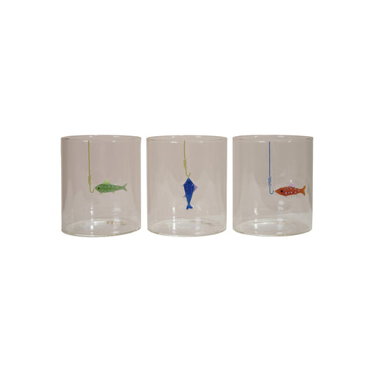 Hand Blown Drinking Glass w/ Fish Hook, 12oz