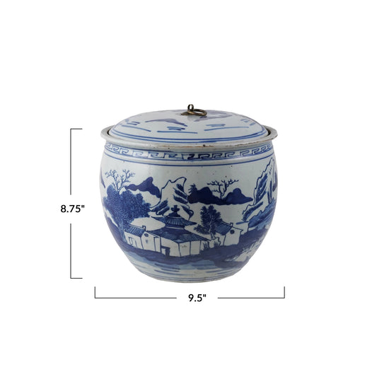 Blue Decorative Hand Painted Ginger Jar w/ Landscape