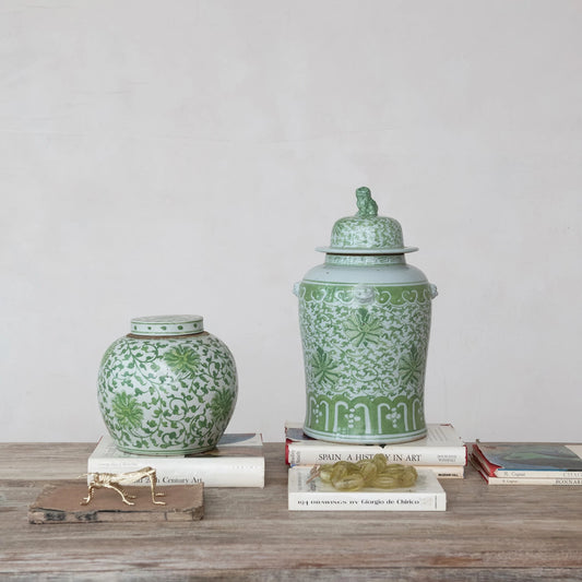 Decorative Hand-Painted Stoneware Ginger Jar w/ Floral Pattern, Green & White