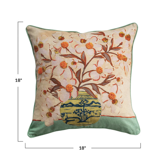 18" Square Cotton Blend Pillow w/ Flower Vase