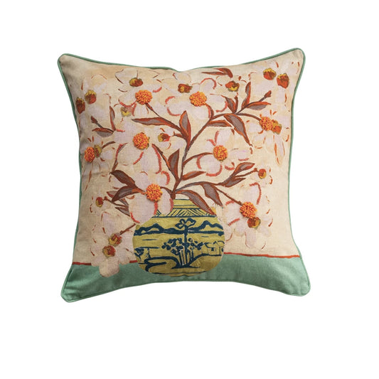 18" Square Cotton Blend Pillow w/ Flower Vase
