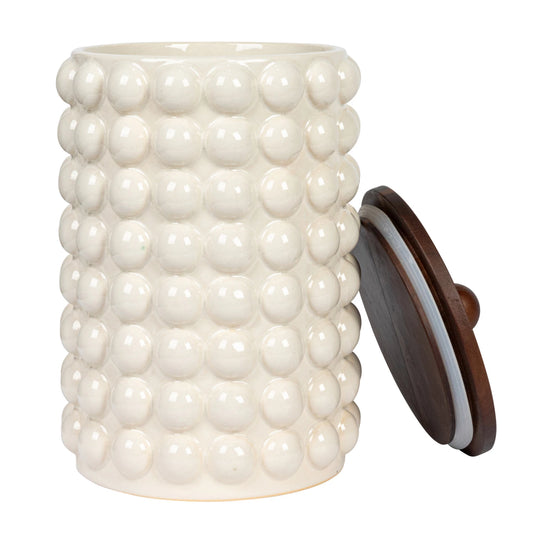 Round Large Tall Stoneware Canister w/ Wood Lid