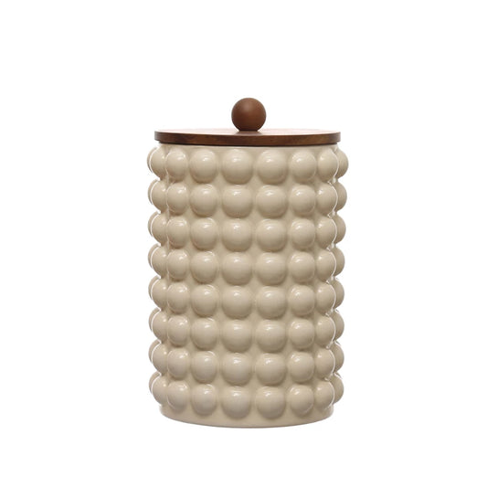 Round Large Tall Stoneware Canister w/ Wood Lid
