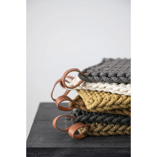 Crocheted Pot Holder w/ Leather Loop, 3 colors
