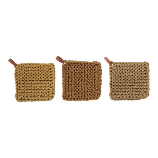 Crocheted Pot Holder w/ Leather Loop, 3 colors