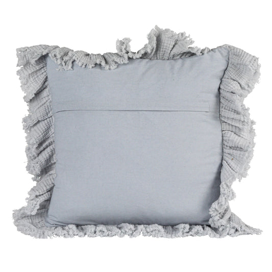 20" Square Cotton Pillow w/ Ruffled Trim, Light Blue