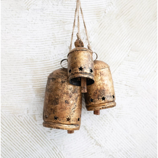Large Metal Bell on Jute Rope w/ Star Cut Outs