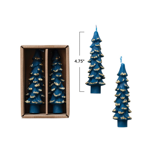 Navy w/ Gold Tree Shaped Taper Candle, Short 4 3/4"