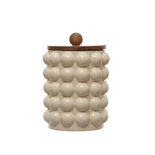 Round Small Tall Stoneware Canister w/ Wood Lid