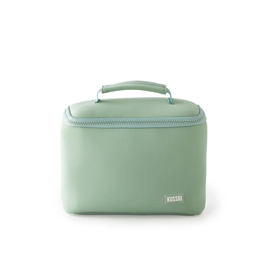 Neoprene Small Train Case Makeup Bag Sage w/ Rose Interior