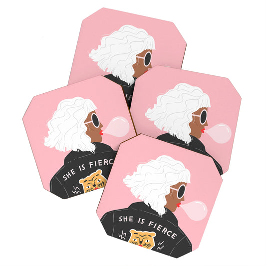 She Is Fierce Pink Coaster Set of 4