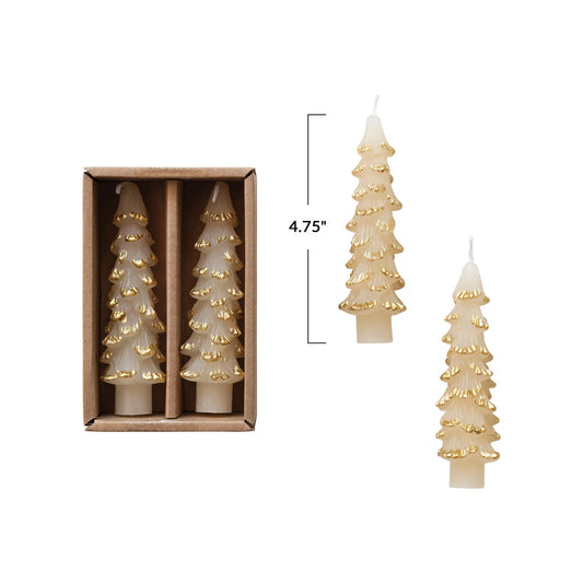 Cream w/ Gold Tree Shaped Taper Candle, Short 4.75"