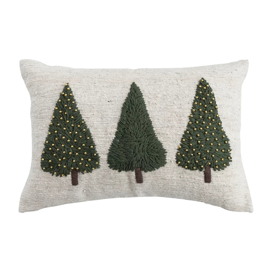 Hand Woven Wool Pillow with Embroidered Trees & Beads