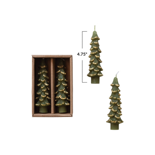 Green w/ Gold Tree Shaped Taper Candle, Short 4.75"