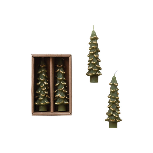 Green w/ Gold Tree Shaped Taper Candle, Short 4.75"