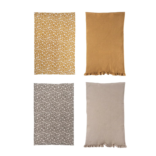 Cotton Printed & Waffle Weave Towel Ruffle Set of 2