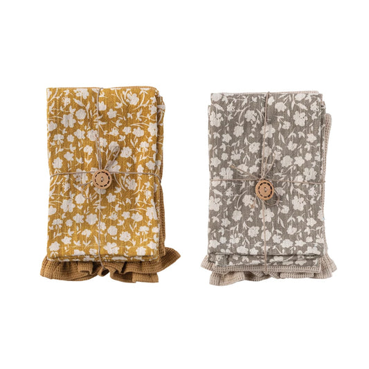 Cotton Printed & Waffle Weave Towel Ruffle Set of 2