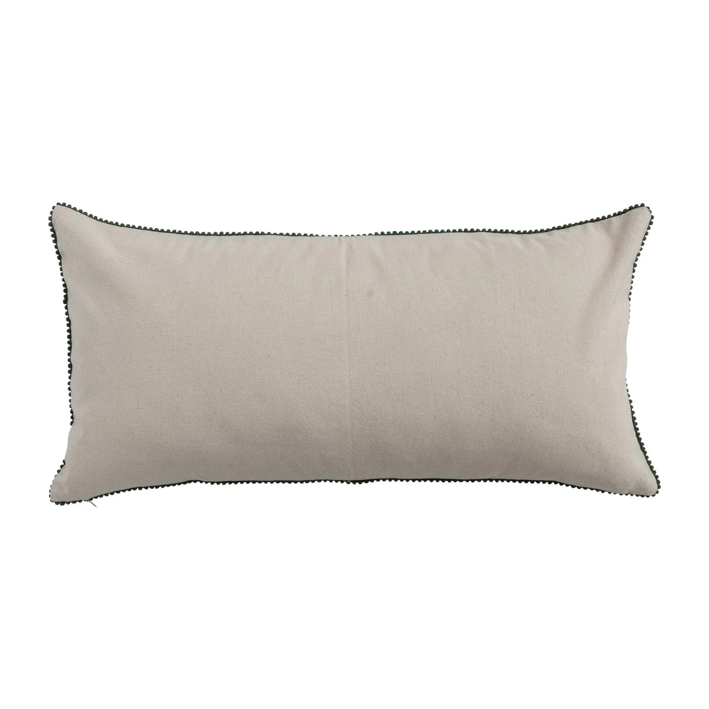 Cotton & Linen Slub Printed Lumbar Pillow with Tree Pattern, Beads & Mini Pom Pom Trim