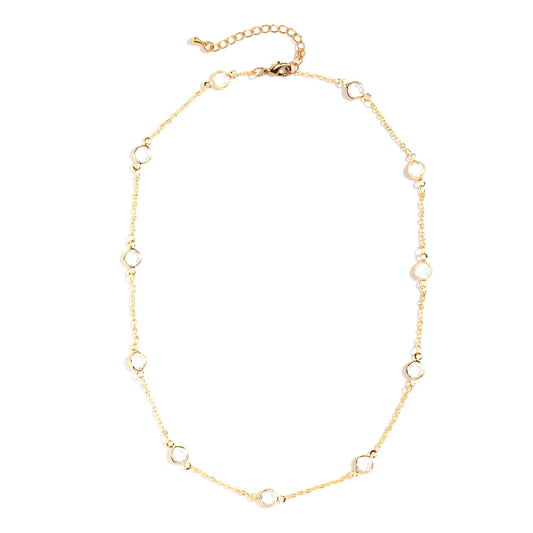 16" Simple Chain w/ 6mm Framed Crystal Accent, Gold Necklace
