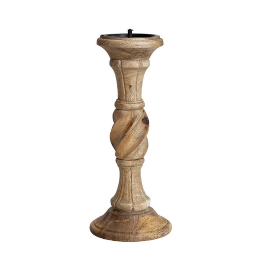 Hand Carved Mango Wood Pillar Holder, Natural