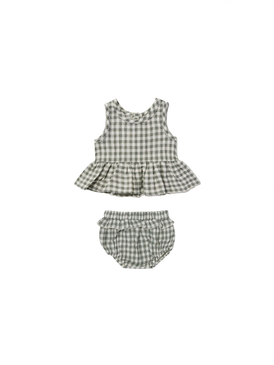 Sleeveless Peplum Set, Sea Green Gingham