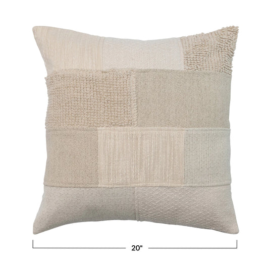 20" Square Cotton Patchwork Pillow w/ Chambray Back, Natural