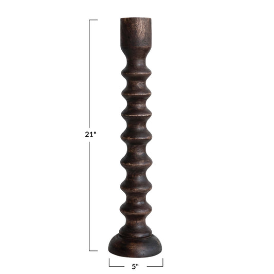 Hand-Carved Mango Wood Taper Holder Walnut Finish, Large